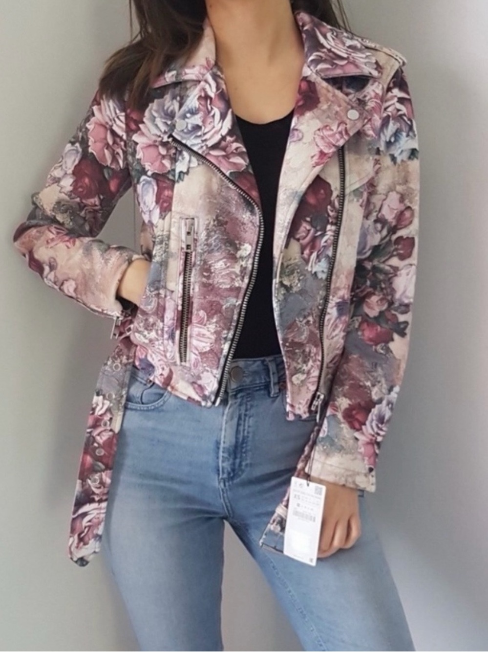 Zara faux suede Floral Print Moto Jacket - Pink Multi